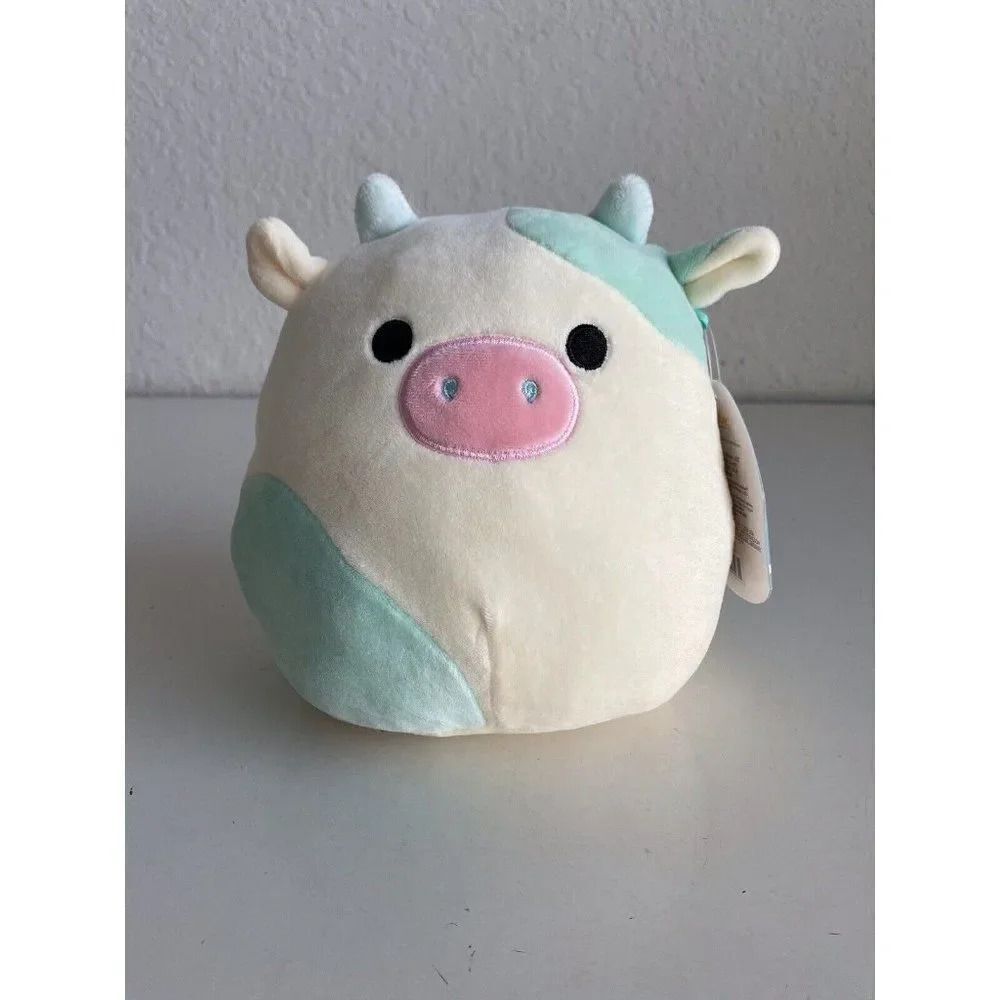 Squishmallows Belana The Cow 7” Plush White & Teal Pink Nose Soft Plush NEW